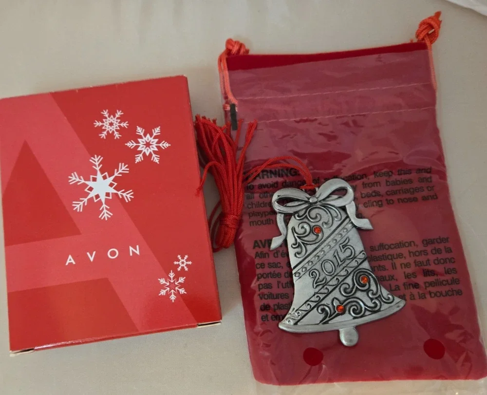 Avon Pewter Christmas Ornament 2015 Christmas Bell w/ Box Velvet Bag Rhinestones